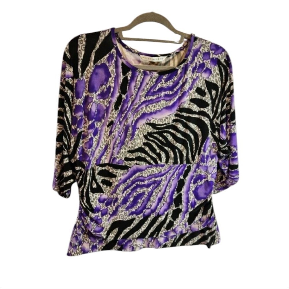 PETER NYGARD LARGE PETITE PULLOVER TOP ANIMAL PRINT PURPLE BLACK
